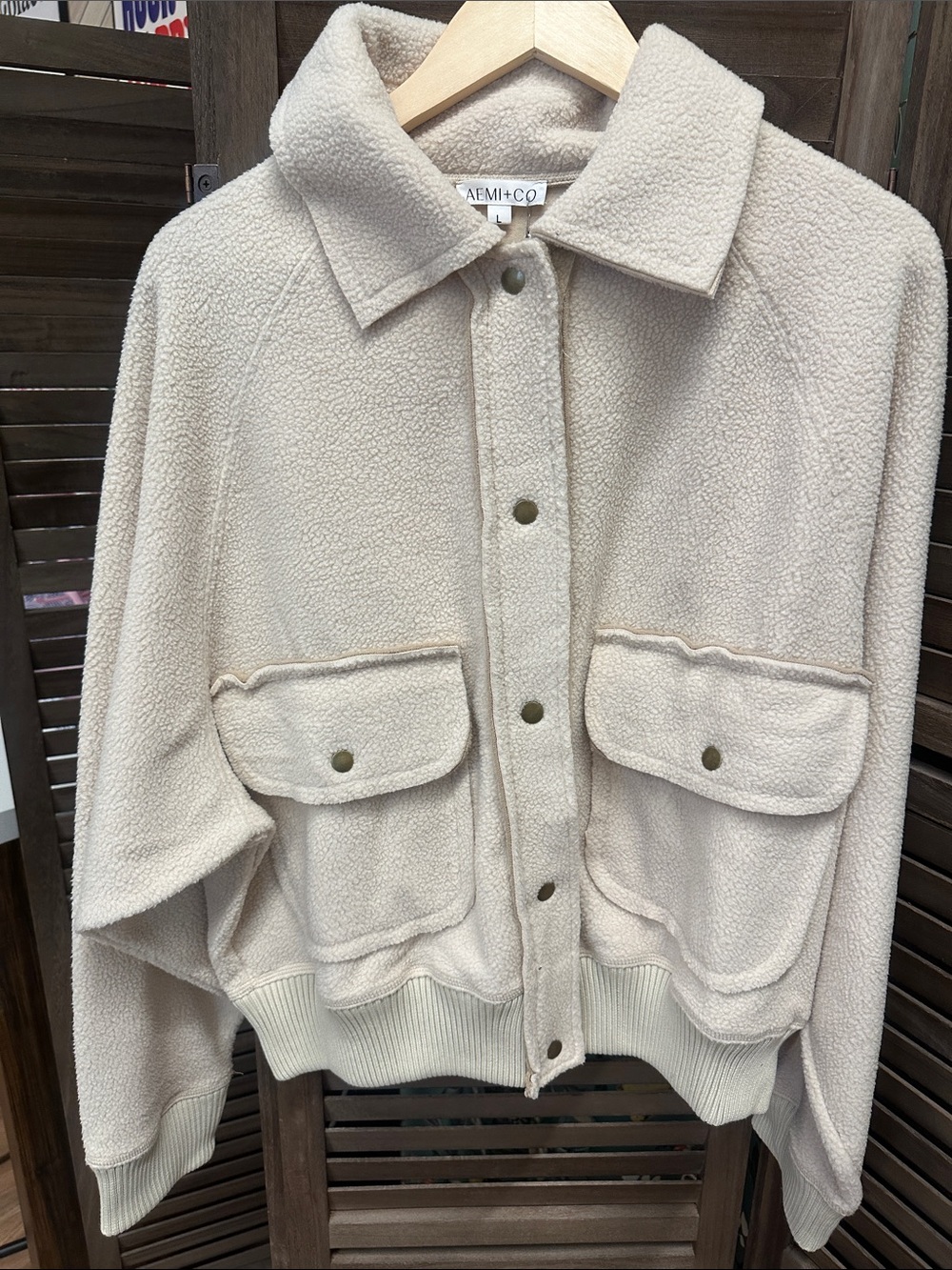 AEMI+CO Cream Sherpa Button-Front Jacket